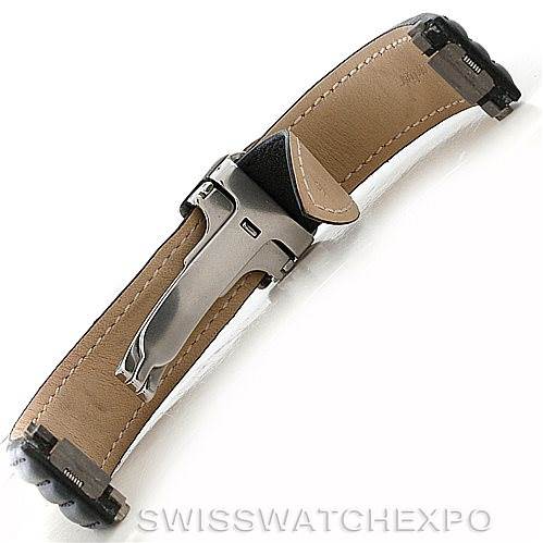 The image shows a close-up of the leather strap and deployment clasp of a Cartier Roadster W62041V3 Men's Stainless Steel Black Dial W62041V3 Men's Stainless Steel Black Dial watch, viewed from the back side.