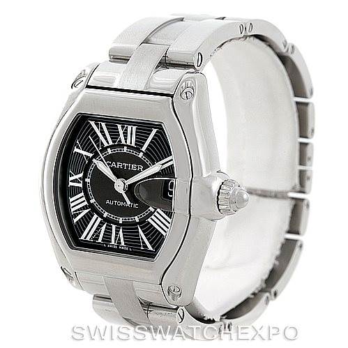 The image shows a Cartier Roadster W62041V3 Men's Stainless Steel Black Dial W62041V3 Men's Stainless Steel Black Dial watch at an angled view, highlighting its face, crown, and stainless steel bracelet.