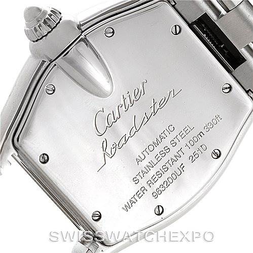 The image shows the back case, crown, and part of the bracelet of a Cartier Roadster W62041V3 Men's Stainless Steel Black Dial W62041V3 Men's Stainless Steel Black Dial watch.