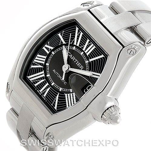This image shows a Cartier Roadster W62041V3 Men's Stainless Steel Black Dial W62041V3 Men's Stainless Steel Black Dial model watch from an angled perspective, highlighting the dial, crown, and part of the bracelet.
