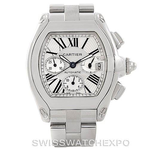 This image shows a Cartier Roadster W62019X6 Men's Stainless Steel Silver Dial W62019X6 Men's Stainless Steel Silver Dial watch from the front, highlighting its face, dial, and silver bracelet.