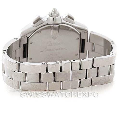 The image shows the back of a Cartier Roadster W62019X6 Men's Stainless Steel Silver Dial W62019X6 Men's Stainless Steel Silver Dial watch, highlighting its stainless steel case and bracelet.