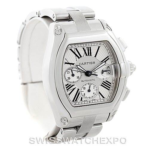The image shows a Cartier Roadster W62019X6 Men's Stainless Steel Silver Dial W62019X6 Men's Stainless Steel Silver Dial watch angled from the front-left side, displaying the dial, case, and part of the bracelet.