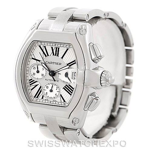 This image shows a Cartier Roadster W62019X6 Men's Stainless Steel Silver Dial W62019X6 Men's Stainless Steel Silver Dial watch at a slight angle, highlighting the face, dials, and the bracelet.