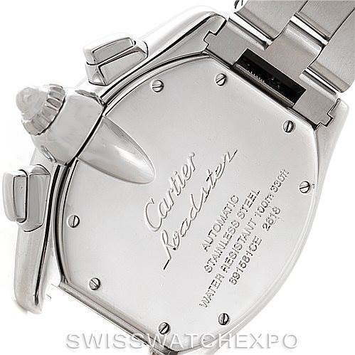 This image shows the back case, crown, and part of the bracelet of a Cartier Roadster W62019X6 Men's Stainless Steel Silver Dial W62019X6 Men's Stainless Steel Silver Dial watch at an angle.