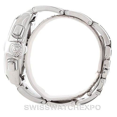 The image shows a side profile of the Cartier Roadster W62019X6 Men's Stainless Steel Silver Dial W62019X6 Men's Stainless Steel Silver Dial watch, highlighting the crown and bracelet links.