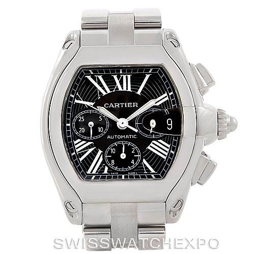 The image shows a front view of the Cartier Roadster W62020X6 Men's Stainless Steel Black Dial W62020X6 Men's Stainless Steel Black Dial watch, highlighting its face, dials, case, and part of the bracelet.