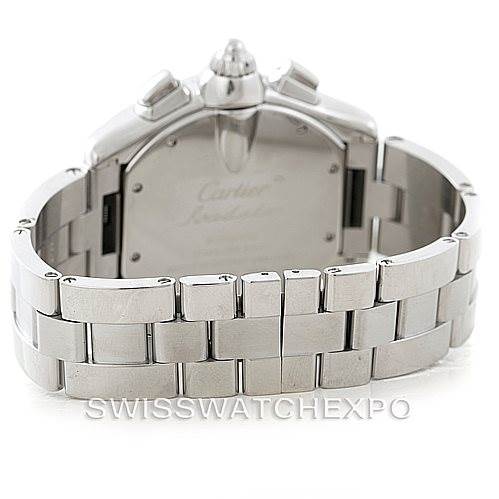 This image shows the back and bracelet of a Cartier Roadster W62020X6 Men's Stainless Steel Black Dial W62020X6 Men's Stainless Steel Black Dial watch from a rear angle.