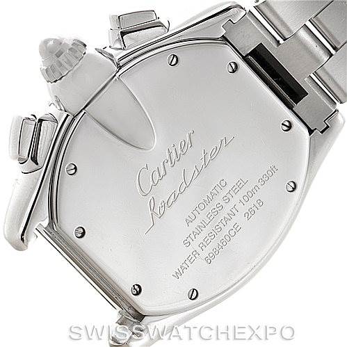 This image shows the back case and clasp of a Cartier Roadster W62020X6 Men's Stainless Steel Black Dial W62020X6 Men's Stainless Steel Black Dial watch.