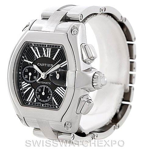 The Cartier Roadster W62020X6 Men's Stainless Steel Black Dial W62020X6 Men's Stainless Steel Black Dial watch in this image is shown from a front-side angle, displaying its dial, crown, and part of the bracelet.