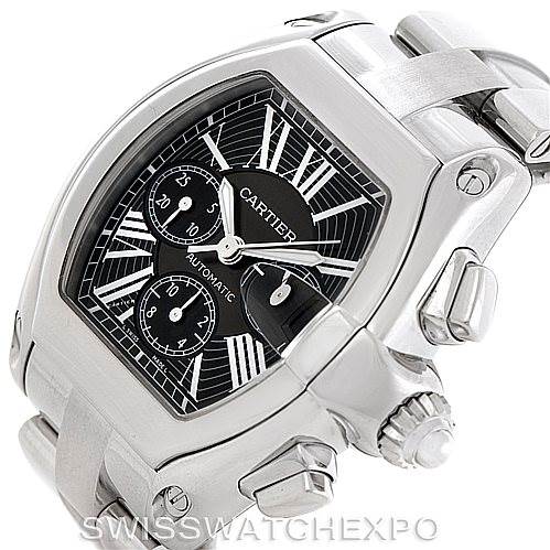 The Cartier Roadster W62020X6 Men's Stainless Steel Black Dial W62020X6 Men's Stainless Steel Black Dial watch is shown from a three-quarter angle, highlighting the dial, crown, and pushers.