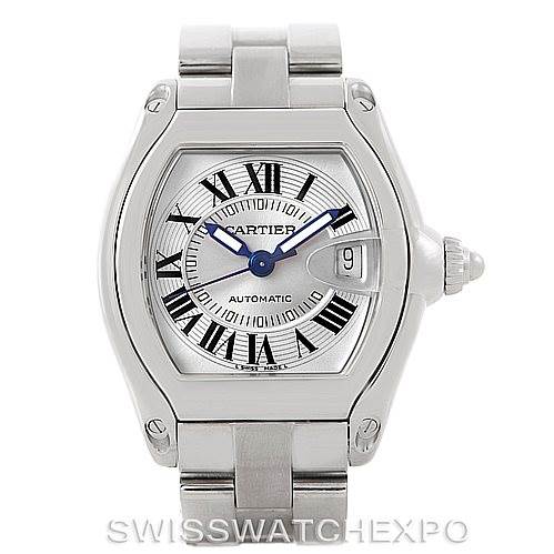 The image shows a Cartier Roadster W62000V3 Men's Stainless Steel Silver Dial W62000V3 Men's Stainless Steel Silver Dial watch from a front angle, showcasing its dial, case, crown, and bracelet.