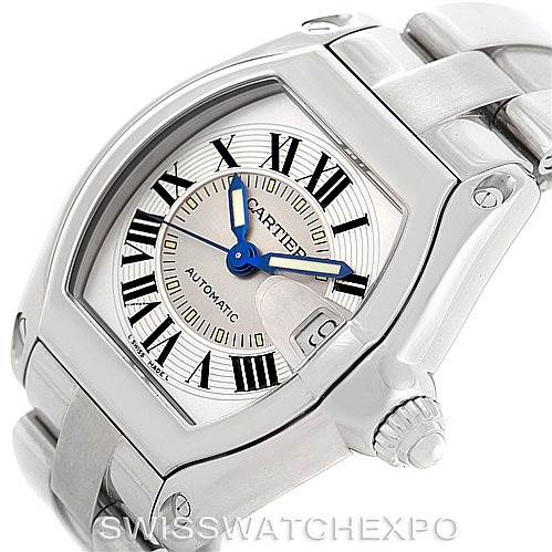The Cartier Roadster W62000V3 Men's Stainless Steel Silver Dial W62000V3 Men's Stainless Steel Silver Dial watch is shown at a slight angle, highlighting the dial, crown, and bracelet.
