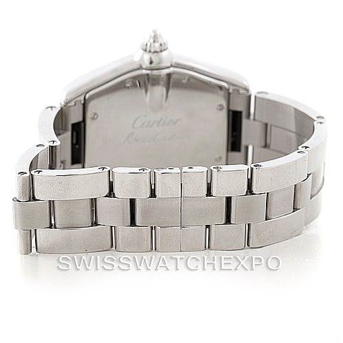 This image shows the back case and metal bracelet of a Cartier Roadster W62000V3 Men's Stainless Steel Silver Dial W62000V3 Men's Stainless Steel Silver Dial watch, viewed from the rear.