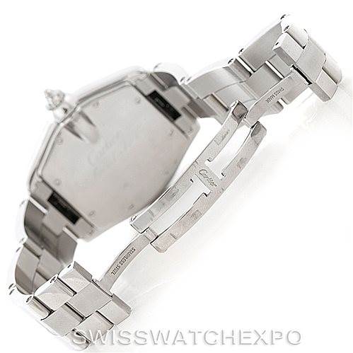 The image shows the back and clasp of a Cartier Roadster W62000V3 Men's Stainless Steel Silver Dial W62000V3 Men's Stainless Steel Silver Dial watch at an angle highlighting the bracelet and deployment clasp.