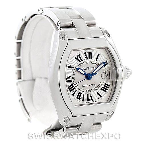 This image shows a front angle view of a Cartier Roadster W62000V3 Men's Stainless Steel Silver Dial W62000V3 Men's Stainless Steel Silver Dial watch with the face, bracelet, and crown visible.