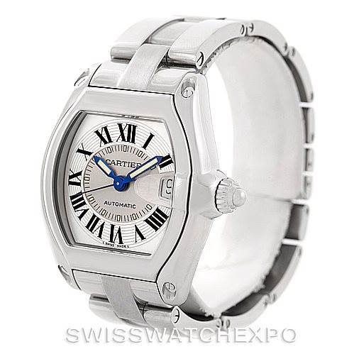 This image shows a Cartier Roadster W62000V3 Men's Stainless Steel Silver Dial W62000V3 Men's Stainless Steel Silver Dial watch at a three-quarter angle, highlighting the dial, case, crown, and metal bracelet.