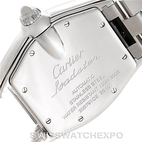 This image shows the case back and part of the bracelet of the Cartier Roadster W62000V3 Men's Stainless Steel Silver Dial W62000V3 Men's Stainless Steel Silver Dial watch.