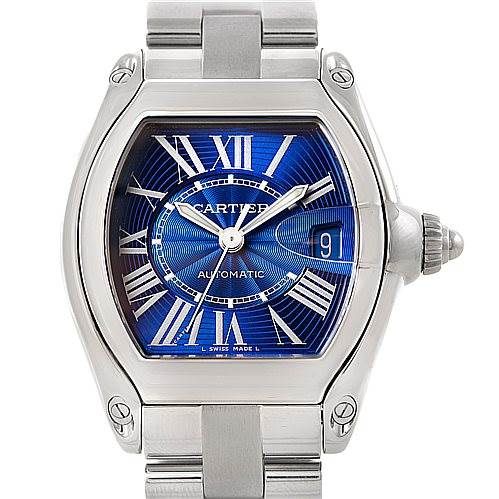 This image shows a Cartier Roadster W62048V3 Men's Stainless Steel Blue Dial W62048V3 Men's Stainless Steel Blue Dial watch at a front angle displaying the face, bezel, crown, and part of the bracelet.
