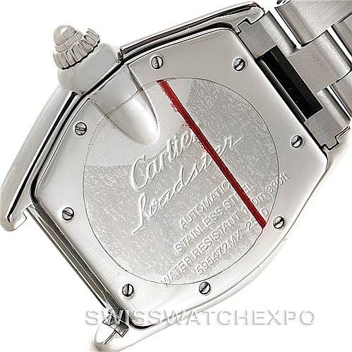 This image shows the back case and part of the bracelet for a Cartier Roadster W62048V3 Men's Stainless Steel Blue Dial W62048V3 Men's Stainless Steel Blue Dial watch.