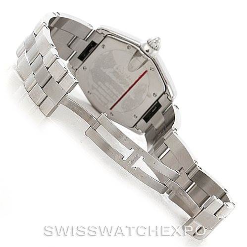 This image shows the back and bracelet of a Cartier Roadster W62048V3 Men's Stainless Steel Blue Dial W62048V3 Men's Stainless Steel Blue Dial watch from an angled perspective.