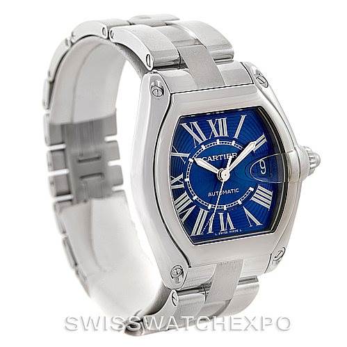 The image shows a Cartier Roadster W62048V3 Men's Stainless Steel Blue Dial W62048V3 Men's Stainless Steel Blue Dial watch at a slight angle, highlighting the face, bracelet, and unique case shape.
