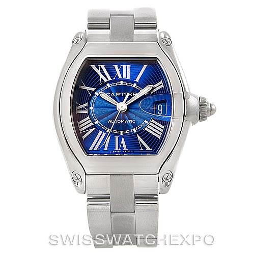 This image shows the front view of a Cartier Roadster W62048V3 Men's Stainless Steel Blue Dial W62048V3 Men's Stainless Steel Blue Dial watch, highlighting its face, bezel, crown, and stainless steel bracelet.