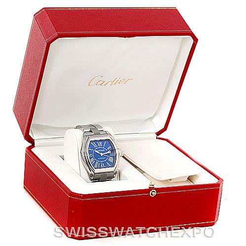 The image shows a Cartier Roadster W62048V3 Men's Stainless Steel Blue Dial W62048V3 Men's Stainless Steel Blue Dial watch in a red Cartier box, viewed from a front angle.