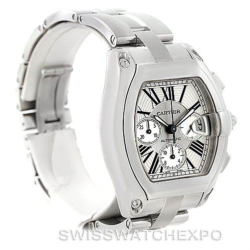 The image shows a side view of the Cartier Roadster W62019X6 Men's Stainless Steel Silver Dial W62019X6 Men's Stainless Steel Silver Dial watch, highlighting its face, bezel, lugs, and stainless steel bracelet.