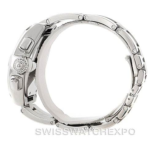 The image shows a side view of a Cartier Roadster W62019X6 Men's Stainless Steel Silver Dial W62019X6 Men's Stainless Steel Silver Dial watch, highlighting the crown, pushers, and part of the bracelet.