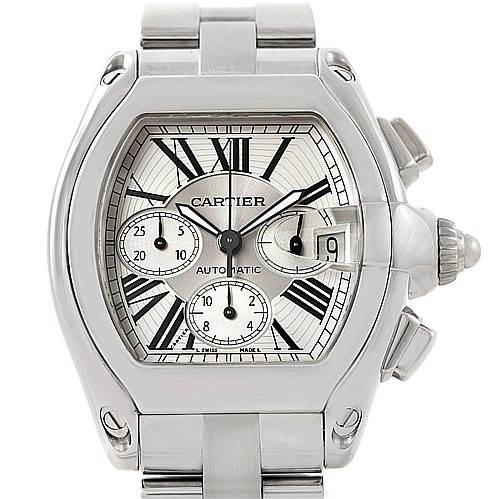 The image shows a frontal view of the Cartier Roadster W62019X6 Men's Stainless Steel Silver Dial W62019X6 Men's Stainless Steel Silver Dial watch, displaying its face, chronograph subdials, and date window.