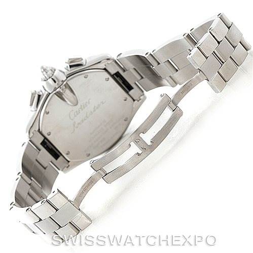 The image shows the backside and clasp of the Cartier Roadster W62019X6 Men's Stainless Steel Silver Dial W62019X6 Men's Stainless Steel Silver Dial watch, highlighting the stainless steel bracelet and case back.