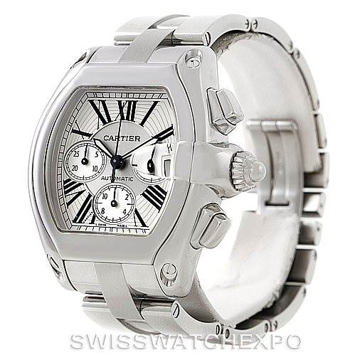 This image shows a Cartier Roadster W62019X6 Men's Stainless Steel Silver Dial W62019X6 Men's Stainless Steel Silver Dial watch at an oblique angle, highlighting its face, crown, and metal bracelet.