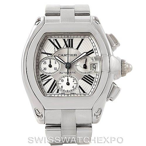 The image shows a front view of a Cartier Roadster W62019X6 Men's Stainless Steel Silver Dial W62019X6 Men's Stainless Steel Silver Dial watch, highlighting its dial, case, crown, and bracelet.