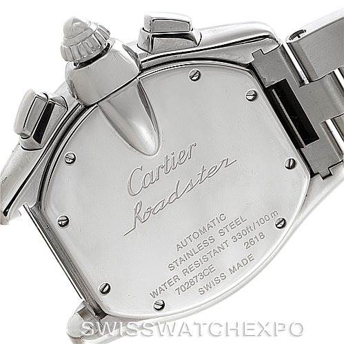 The image shows the back side of a Cartier Roadster W62019X6 Men's Stainless Steel Silver Dial W62019X6 Men's Stainless Steel Silver Dial watch, highlighting the case back and part of the bracelet.