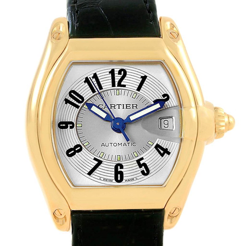 Cartier Roadster Yellow Gold Black Strap Mens Watch W62005V2 Box Papers SwissWatchExpo