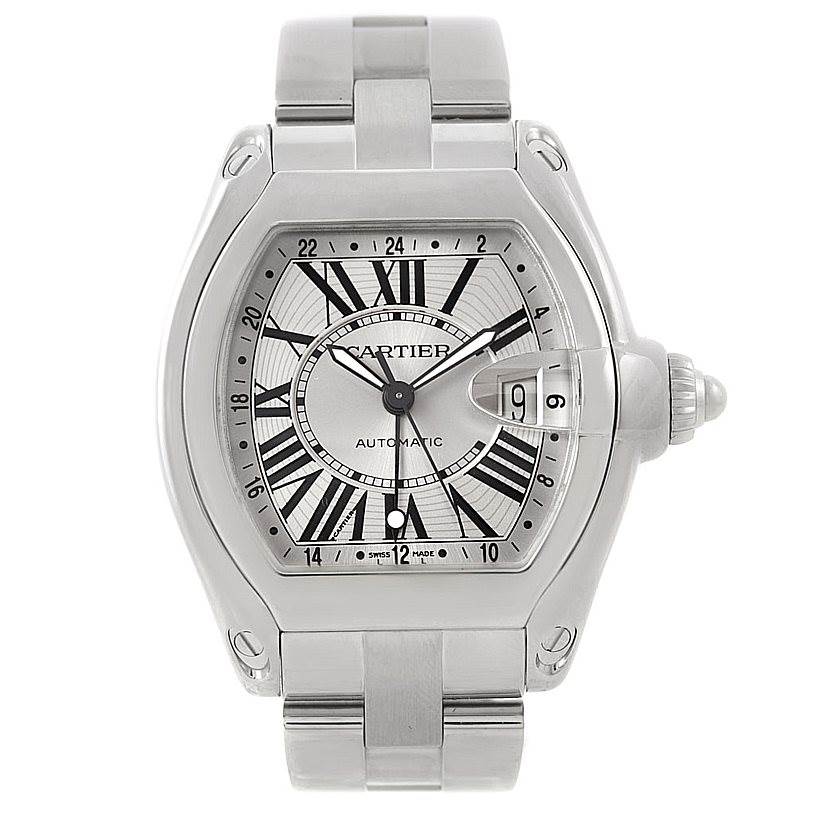 The image shows a front view of the Cartier Roadster W62032X6 Men's Stainless Steel Silver Dial W62032X6 Men's Stainless Steel Silver Dial watch, highlighting the dial, bezel, and part of the bracelet.