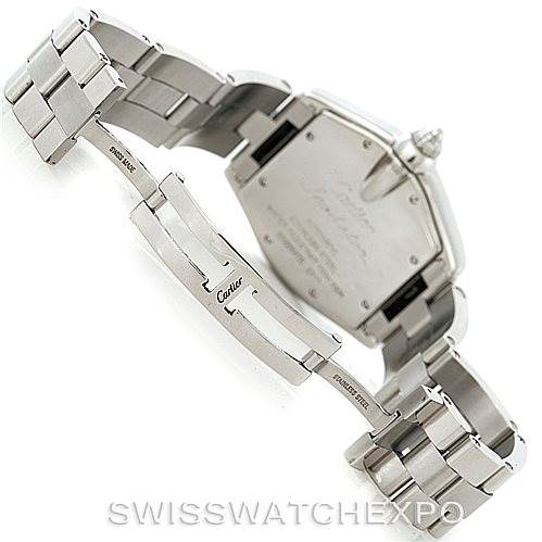 The image shows the back view of a Cartier Roadster W62025V3 Men's Stainless Steel Silver Dial W62025V3 Men's Stainless Steel Silver Dial watch, highlighting the opened bracelet and clasp mechanism.