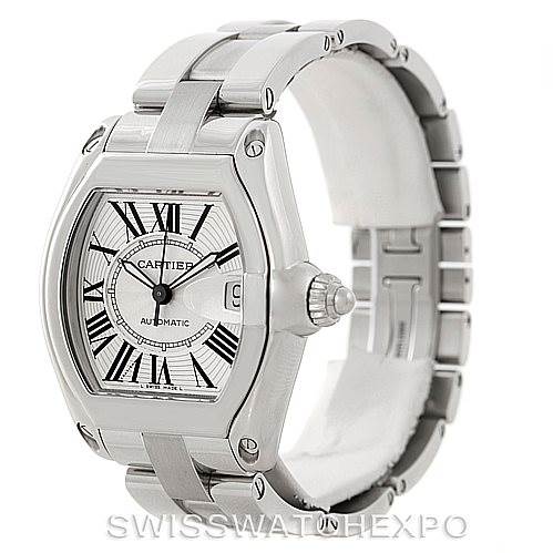 The image shows a Cartier Roadster W62025V3 Men's Stainless Steel Silver Dial W62025V3 Men's Stainless Steel Silver Dial watch from a side angle, highlighting the bracelet, case, and crown.
