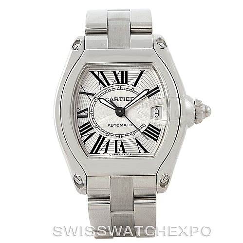 The image shows a Cartier Roadster W62025V3 Men's Stainless Steel Silver Dial W62025V3 Men's Stainless Steel Silver Dial watch from a front angle, displaying the face, bezel, bracelet, and crown.