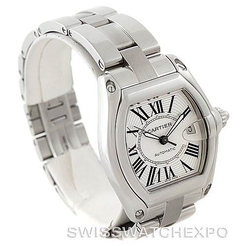 The image shows a Cartier Roadster W62025V3 Men's Stainless Steel Silver Dial W62025V3 Men's Stainless Steel Silver Dial watch at a slight angle, displaying the face, dial, crown, and part of the bracelet.