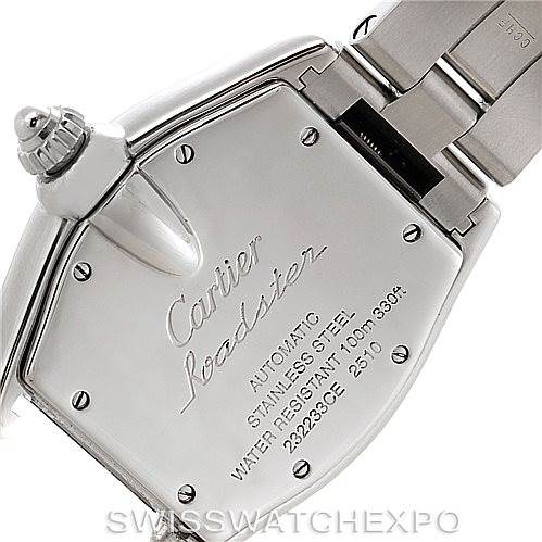 The image shows the back case and crown of the Cartier Roadster W62025V3 Men's Stainless Steel Silver Dial W62025V3 Men's Stainless Steel Silver Dial watch, featuring its specifications and branding.