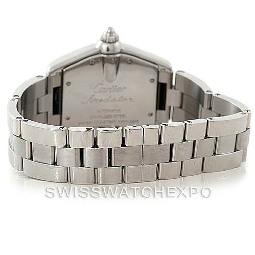 The image shows the back of a Cartier Roadster W62025V3 Men's Stainless Steel Silver Dial W62025V3 Men's Stainless Steel Silver Dial watch, highlighting the bracelet and case back.