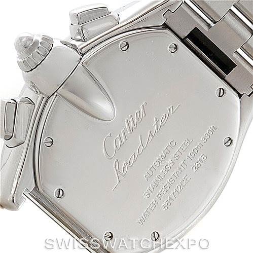 This image shows the back case of a Cartier Roadster W62019X6 Men's Stainless Steel Silver Dial W62019X6 Men's Stainless Steel Silver Dial watch, highlighting its specifications and part of the bracelet.