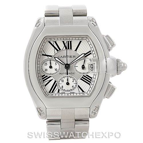 The image shows a frontal view of the Cartier Roadster W62019X6 Men's Stainless Steel Silver Dial W62019X6 Men's Stainless Steel Silver Dial watch, highlighting its dial, bracelet, and crown.