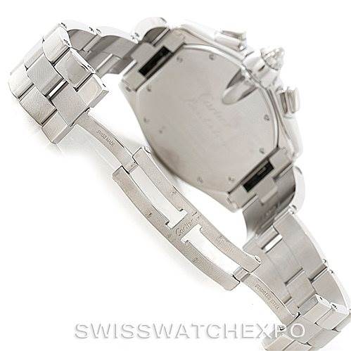 The image shows the back case and partially opened metal bracelet of the Cartier Roadster W62019X6 Men's Stainless Steel Silver Dial W62019X6 Men's Stainless Steel Silver Dial watch.