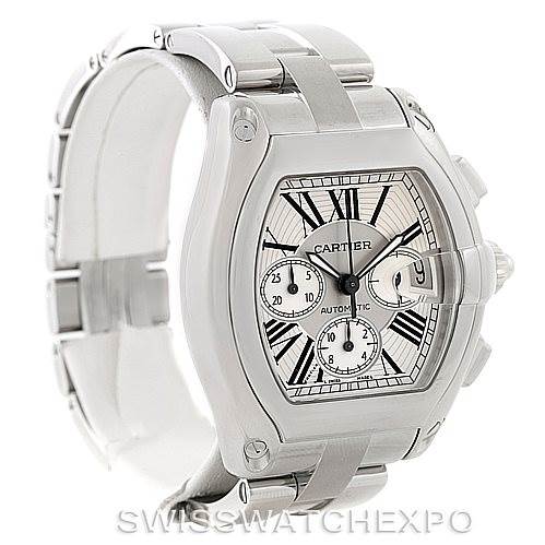 The image shows a Cartier Roadster W62019X6 Men's Stainless Steel Silver Dial W62019X6 Men's Stainless Steel Silver Dial watch at a three-quarter angle, highlighting the dial, crown, and part of the bracelet.