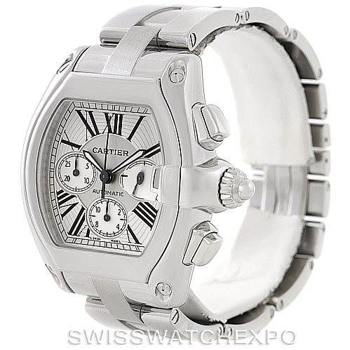This image shows a front and side view of the Cartier Roadster W62019X6 Men's Stainless Steel Silver Dial W62019X6 Men's Stainless Steel Silver Dial model watch, highlighting its face, crown, and strap.