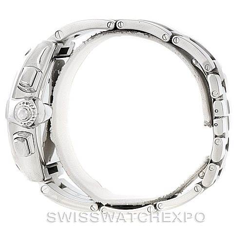 The Cartier Roadster W62019X6 Men's Stainless Steel Silver Dial W62019X6 Men's Stainless Steel Silver Dial watch is shown from the side, highlighting the case, crown, pushers, and part of the bracelet.