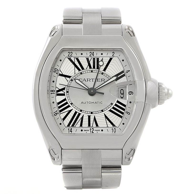 This image shows a Cartier Roadster W62032X6 Men's Stainless Steel Silver Dial W62032X6 Men's Stainless Steel Silver Dial watch from a direct front angle, displaying the face, dial, hands, and bracelet.